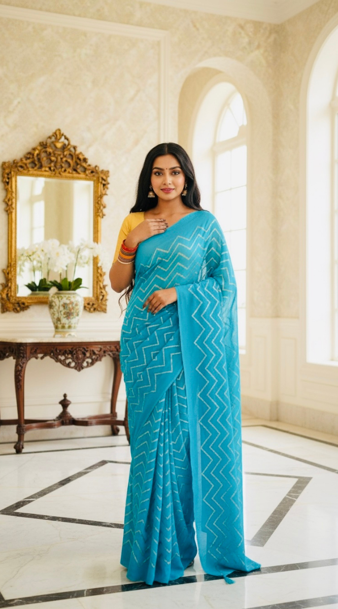 BLUE SKY GEORGETTE SAREE WITH GOLD SEQUINS