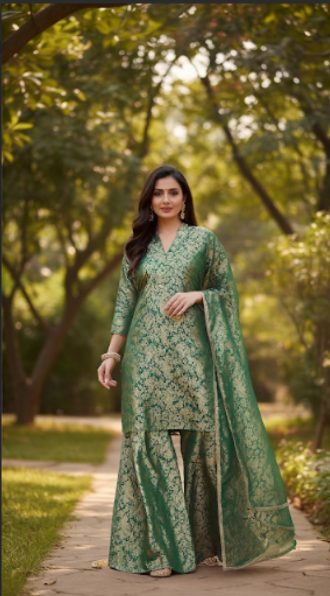 GREEN BANARASI SHARARA SUIT SET