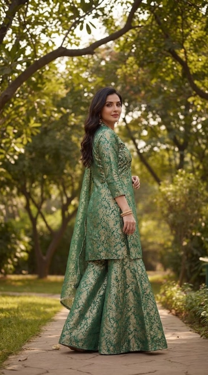 GREEN BANARASI SHARARA SUIT SET - Image 3